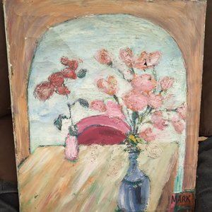 Rock Hudson original painting by mark l miller table of flowers.